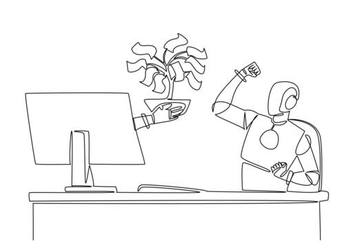 continuo uno línea dibujo mano de robot fuera de monitor pantalla mientras sostener dinero árbol con hojas hecho de Billetes derivación beneficios. cosas desde pantalla. soltero línea dibujar ilustración vector