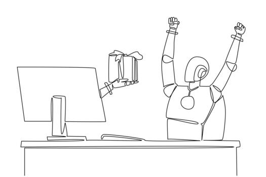 soltero continuo línea dibujo mano de robot fuera de monitor pantalla mientras participación regalo caja. siempre entretenido con varios sorpresas ai. tecnología cosas desde pantalla. uno línea diseño vector