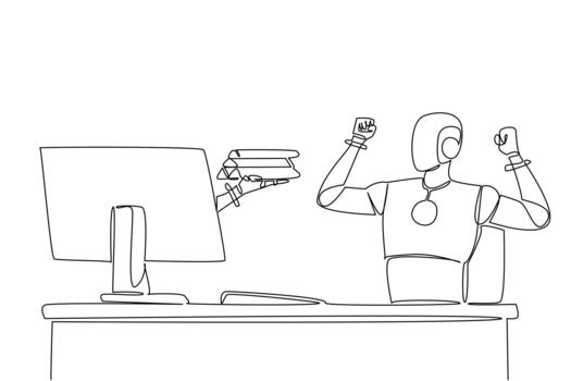 soltero uno línea dibujo mano de robot fuera de monitor pantalla mientras participación oro pila. múltiple beneficios de oro inversión. inteligente robot. cosas desde pantalla. continuo línea diseño ilustración vector