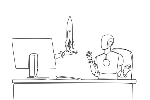 continuo uno línea dibujo mano de robot fuera de monitor pantalla mientras participación un cohete. negocio innovación en el puesta en marcha mundo. tecnología cosas desde pantalla. soltero línea dibujar ilustración vector