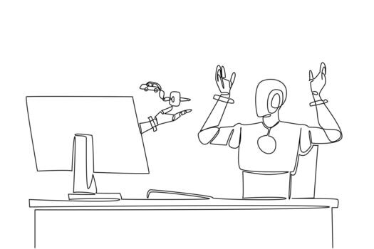Single one line drawing hand of robot out of monitor screen while holding car key with a car keychain. Reliable robot that produces car. Things from Screen. Continuous line design illustration vector