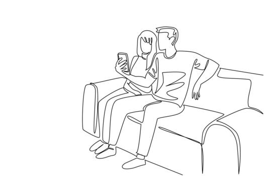 Continuous one line drawing man and woman sitting on sofa looking at smartphone. Feeling enthusiastic. Quality time even with simple activities. Surprise. Single line draw illustration vector
