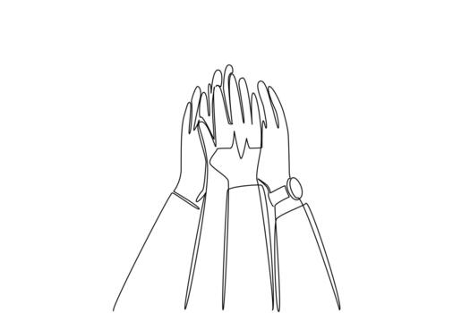 Single continuous line drawing several hands doing high five with heart pulse in the middle. Agreed to prioritize health. National Employee Health and Fitness Day. One line illustration vector