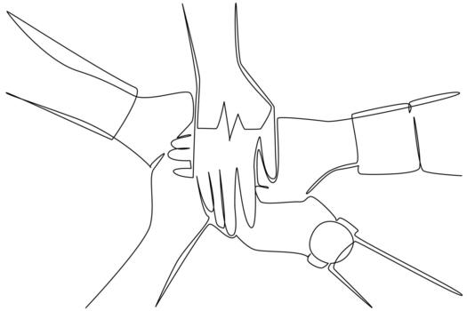 soltero uno línea dibujo varios manos apilado en un circulo con el corazón legumbres en el medio. trabajo equipo acuerdo. nacional empleado salud y aptitud día. continuo línea diseño ilustración vector