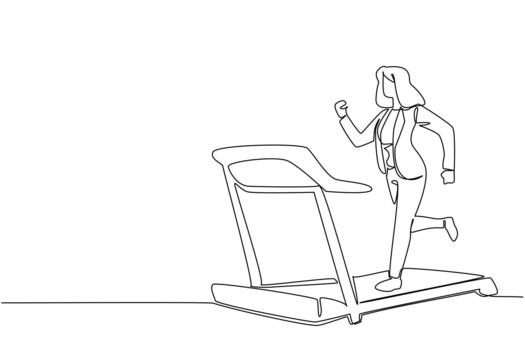 Single continuous line drawing woman in blazer running on treadmill with heart impulse. Exercise before busy working. National Employee Health and Fitness Day. One line design vector