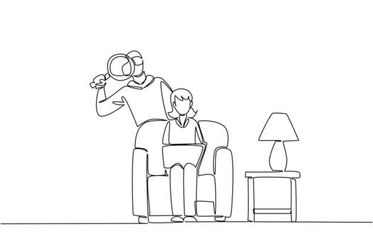 Continuous one line drawing grandma sit on sofa hold laptop with thief using magnifier behind. Silent data theft. National Senior Fraud Awareness Day. Single line draw design vector