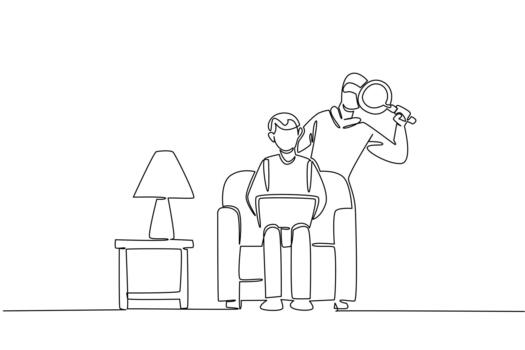 Single continuous line drawing grandpa sit on the sofa hold laptop with a thief using a magnifier behind. Not safe. Secureles. National Senior Fraud Awareness Day. One line illustration vector