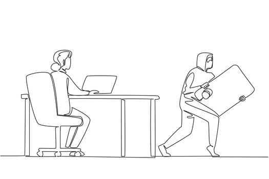 continuo uno línea dibujo abuela mecanografía en ordenador portátil y ladrón tomando crédito tarjeta desde detrás pantalla. hackear. datos. nacional mayor fraude conciencia día. soltero línea dibujar diseño vector