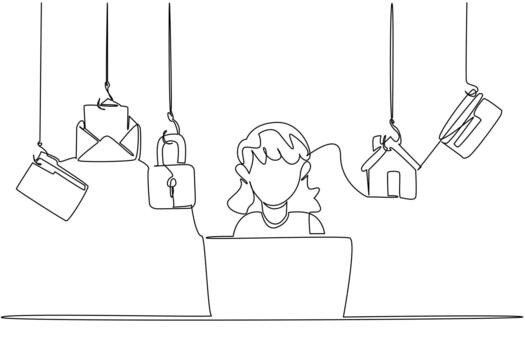 soltero continuo línea dibujo un abuela mecanografía en un ordenador portátil y algunos íconos exigir acceso. datos vulnerabilidad ese fácil a cortar a tajos. nacional mayor fraude conciencia día. uno línea ilustración vector