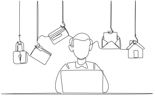 Single one line drawing a grandpa typing on laptop and some icons that require login. Data that is vulnerable to theft. National Senior Fraud Awareness Day. Continuous line design illustration vector