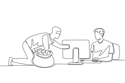Single one line drawing a man typing and thief putting the hand into the monitor. Weak password are cracked by hacker. National Senior Fraud Awareness Day. Continuous line design illustration vector