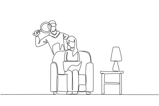 Continuous one line drawing woman sitting on sofa holds laptop and thief using magnifier. Secretly observing and hack. National Senior Fraud Awareness Day. Single line draw design vector