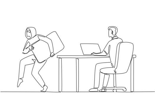 Single one line drawing man typing on laptop and thief taking large credit card. Weak security level. Easy to hack. National Senior Fraud Awareness Day. Continuous line design illustration vector