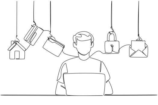 Continuous one line drawing man typing on laptop and some important icons. Need strong password for security. Secure. National Senior Fraud Awareness Day. Single line draw design vector