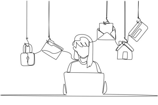Single continuous line drawing man typing on laptop and some important icons. Differentiate passwords for digital security. National Senior Fraud Awareness Day. One line illustration vector