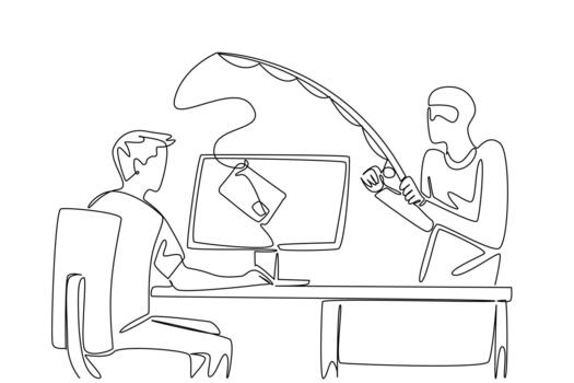 Continuous one line drawing man typing and thief fishing credit card from top of screen. Hacker commit cyber crimes. National Senior Fraud Awareness Day. Single line draw illustration vector