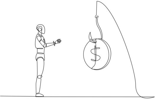 Continuous one line drawing robot chasing a hook with a dollar coin attached. System error. No danger detected. Trap. National Senior Fraud Awareness Day. Single line draw illustration vector