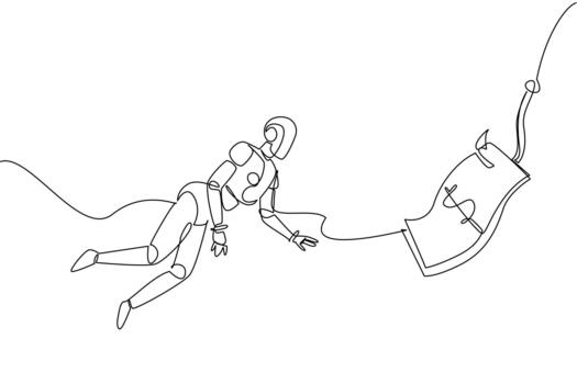 soltero uno línea dibujo robot inmersiones y persecuciones gancho adjunto a un dólar factura. sistema mal funcionamiento en agua. trampa. cortar a tajos. nacional mayor fraude conciencia día. continuo línea diseño ilustración vector