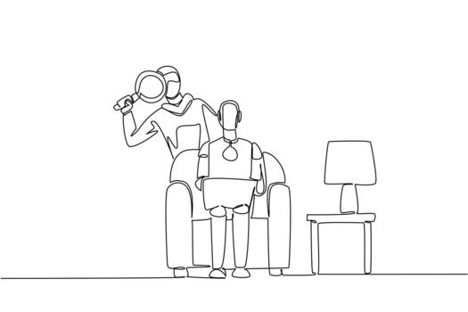 Single continuous line drawing robot sits on sofa holding laptop and masked thief uses a magnifier. Observe before breaking in. National Senior Fraud Awareness Day. One line illustration vector