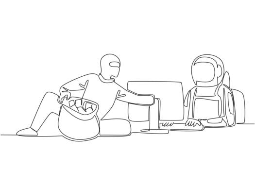 Continuous one line drawing astronaut typing and thief putting money into money bag. Hacking harms users. Bankrupt. National Senior Fraud Awareness Day. Single line draw illustration vector