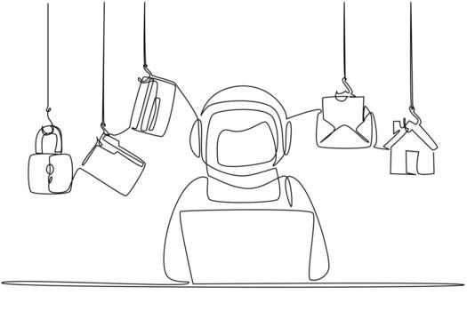 Single continuous line drawing astronaut typing on laptop and 5 important icons. Struggling to secure some important accounts. National Senior Fraud Awareness Day. One line illustration vector