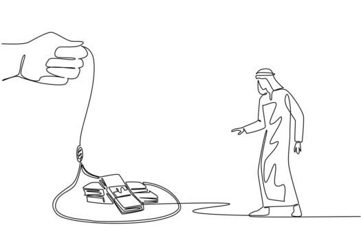 Single one line drawing arabian man walking towards a rope trap containing several stacks of banknotes. Wanting profit but instead getting loss. Money Bait. Continuous line design illustration vector