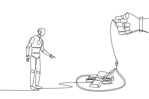 Continuous one line drawing robot walking towards a rope trap containing several stacks of banknotes. Barriers to a sophisticated future. Trap. Money Bait. Single line draw illustration vector
