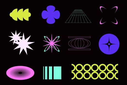 Set of neon abstract shapes in futuristic Y2k style. The set includes glowing dynamic futuristic forms. vector