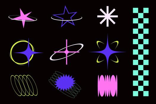 Set of neon Y2K style shapes with glowing stars, spirals, and dynamic futuristic elements. vector