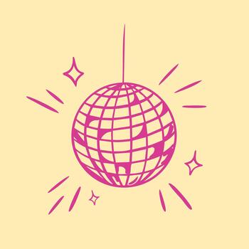 Hand drawn disco ball element in a simple doodle style with sparkles and rays. Perfect for retro design, print, and trendy decorative elements. vector