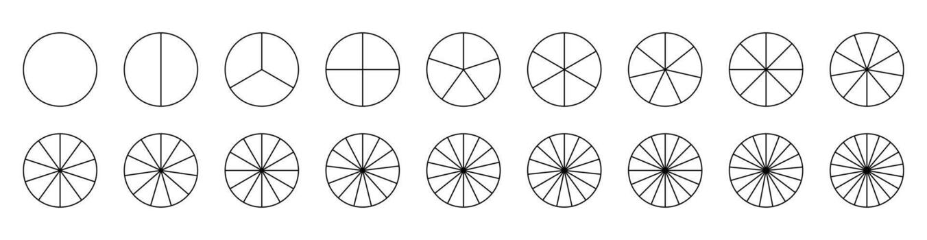 Parts of diagram wheel from 1 to 18. Pie chart template. Coaching blank. Segmented charts. Sectors divide the circle on equal parts. Outline black graphics. Pie charts, pizza charts set. Segments vector