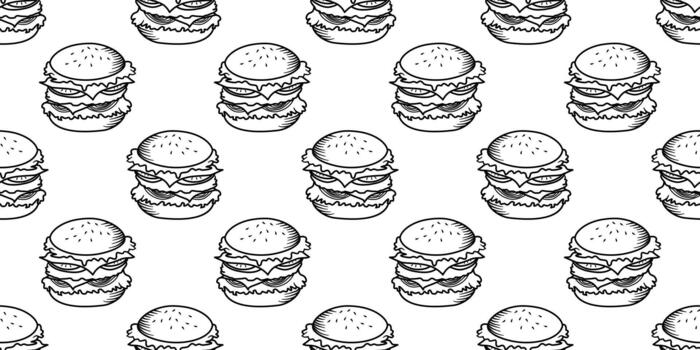 hamburguesa modelo. sin costura modelo de un queso hamburguesa o hamburguesa. garabatear hamburguesa modelo antecedentes. garabatear rápido comida hamburguesa sin costura modelo antecedentes. vector