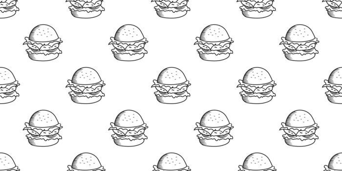 garabatear hamburguesa modelo antecedentes. garabatear rápido comida hamburguesa sin costura modelo antecedentes. sin costura modelo de hamburguesa en garabatear estilo. sin costura modelo de un queso hamburguesa o hamburguesa. hamburguesa modelo. vector