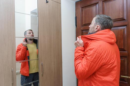 hombre poniendo en un naranja chaqueta en frente de un espejo. consiguiendo Listo a salir hogar. diario rutina concepto foto