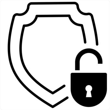 Shield and unlock security icon concept in black line color vector