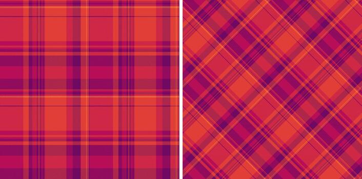 Vibrant plaid texture. Bold checks in reds, oranges, and purples create a striking, versatile pattern. Ideal for backgrounds, textiles, design elements. vector