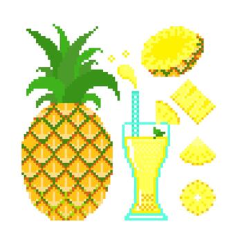 Pineapple set with sliced and juice in pixel game on white background. vector