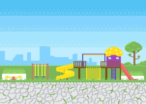 Playground with slide and swing, seesaw in pixel game on city background. vector