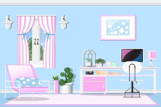 Office in modern style with work desk and computer decorated with potted plants in modern style. vector