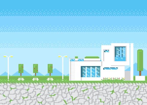 Modern house on stone step with park and lamp post in pixel game style. vector