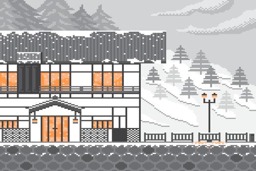 Winter cityscape with japanese architecture on forest background in pixel game classic. vector