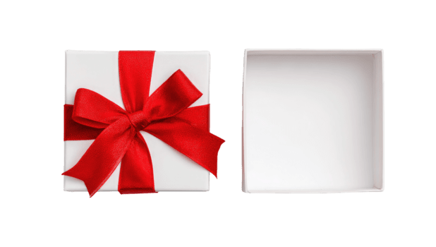 vit gåva låda med röd band och rosett Nästa till ett öppen tömma låda isolerat på transparent bakgrund png