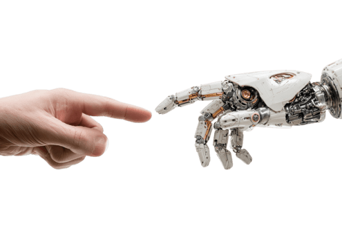 umano mano toccante robotica mano che rappresentano artificiale intelligenza e futuro connessione isolato su trasparente sfondo png