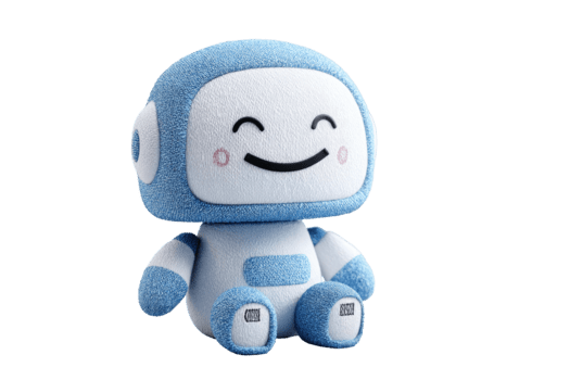 Smiling plush robot character with a friendly face and blue white color scheme isolated on transparent background png