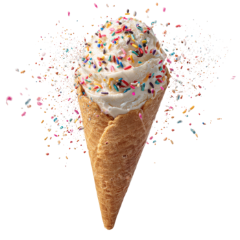 vanilj is grädde skopa i en våffla kon med färgrik strössel exploderande isolerat på transparent bakgrund png