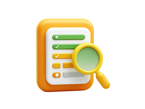 3d liste de contrôle document avec grossissant verre pour la revue et tâche la gestion isolé sur transparent Contexte png