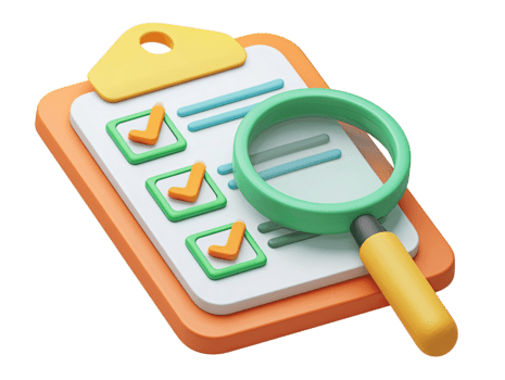 3D clipboard with a completed checklist and magnifying glass for task review isolated on transparent background png
