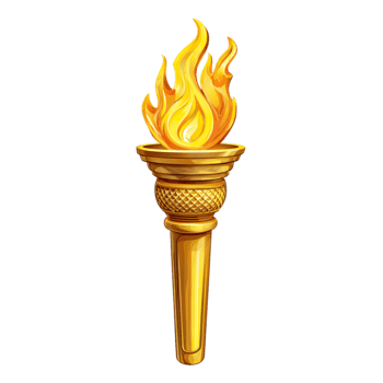 Golden torch with burning flame and textured handle isolated on transparent background png