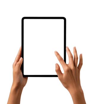 händer innehav en vertikal läsplatta med en tom skärm och finger interagera med de visa isolerat på transparent bakgrund png