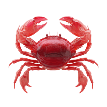 Red crab with raised claws and glossy shell standing front view isolated on transparent background png